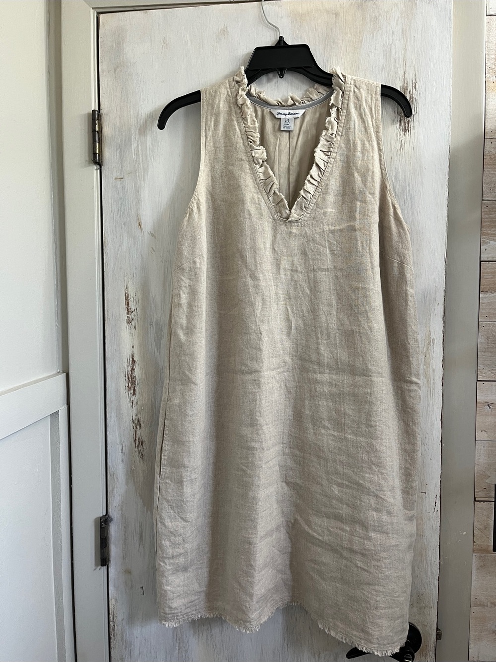 Tommy Bahama Two Palms Ruffle V-Neck Linen Dress in natural beige Sz Large - Picture 3 of 4